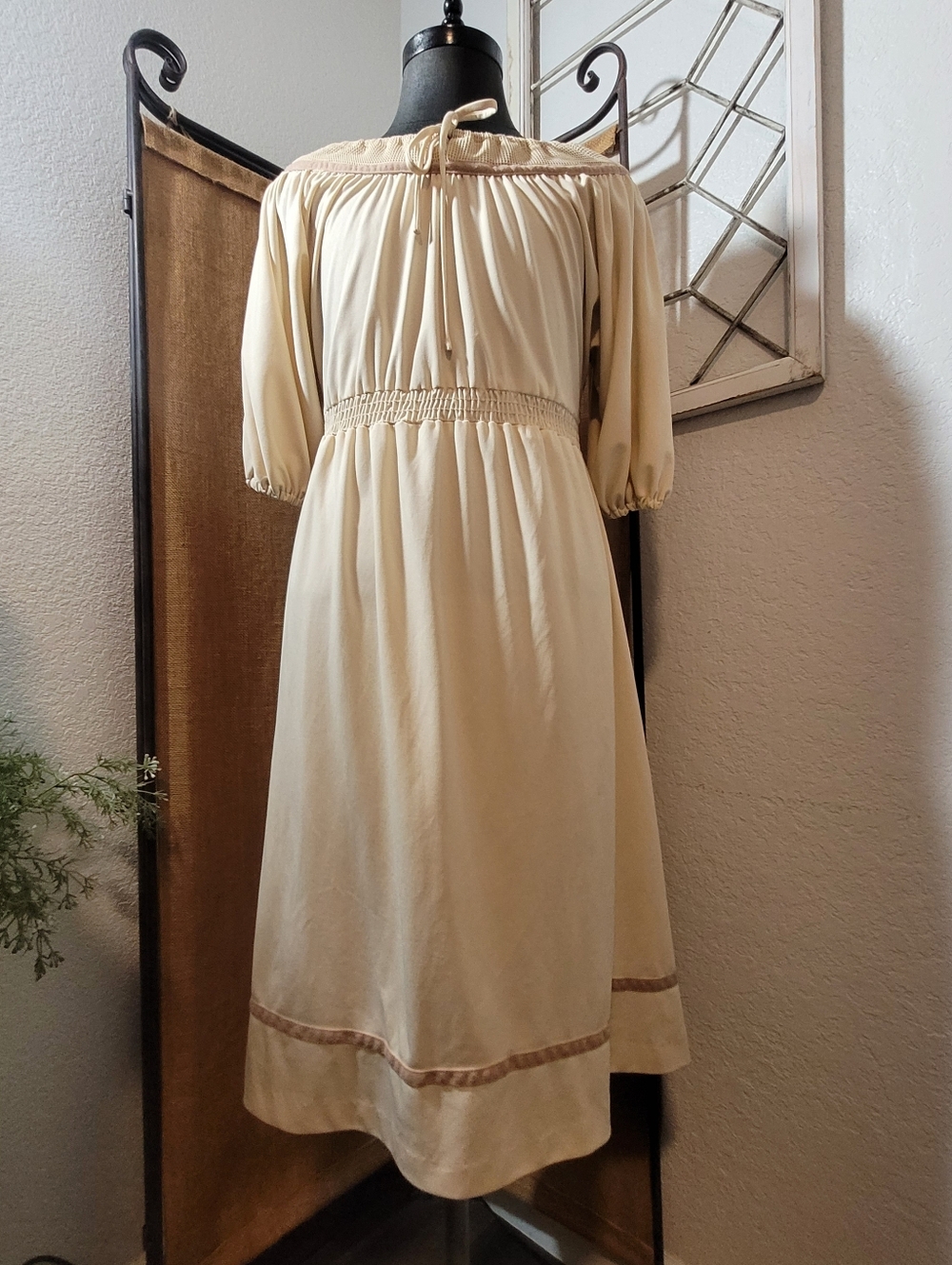 Vintage 60's MELISSA LANE Cream Midi Dress with Brown Trim Elastic Waist Large